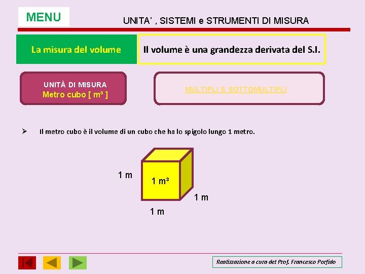 MENU UNITA’ , SISTEMI e STRUMENTI DI MISURA La misura del volume Il volume MENU UNITA’ , SISTEMI e STRUMENTI DI MISURA La misura del volume Il volume