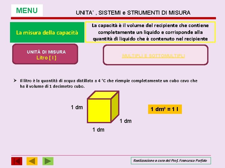 MENU UNITA’ , SISTEMI e STRUMENTI DI MISURA La misura della capacità La capacità MENU UNITA’ , SISTEMI e STRUMENTI DI MISURA La misura della capacità La capacità