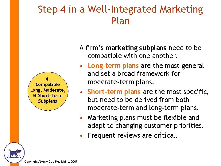 Step 4 in a Well-Integrated Marketing Plan 4. Compatible Long, Moderate, & Short-Term Subplans