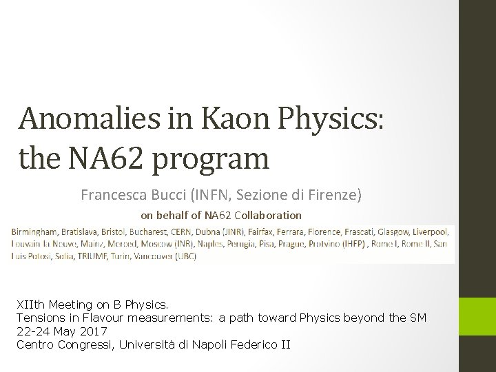 Anomalies in Kaon Physics: the NA 62 program Francesca Bucci (INFN, Sezione di Firenze)