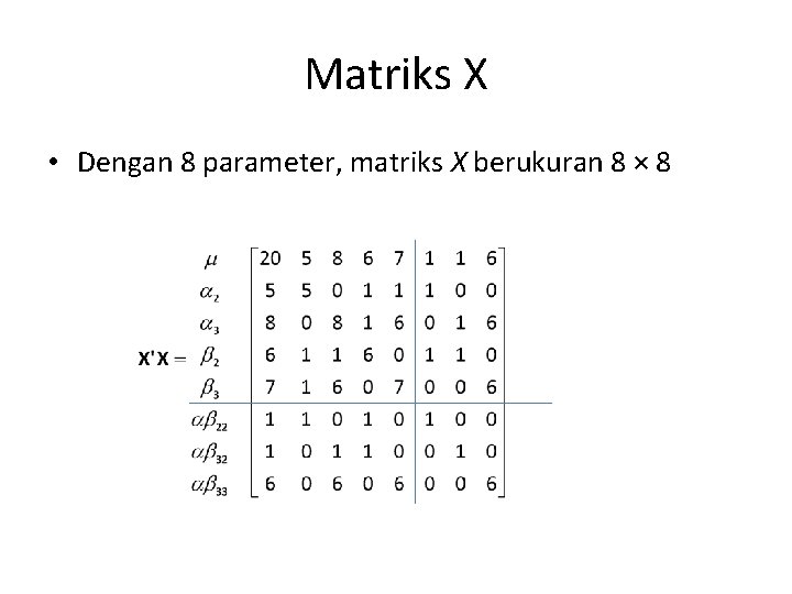 Matriks X • Dengan 8 parameter, matriks X berukuran 8 × 8 