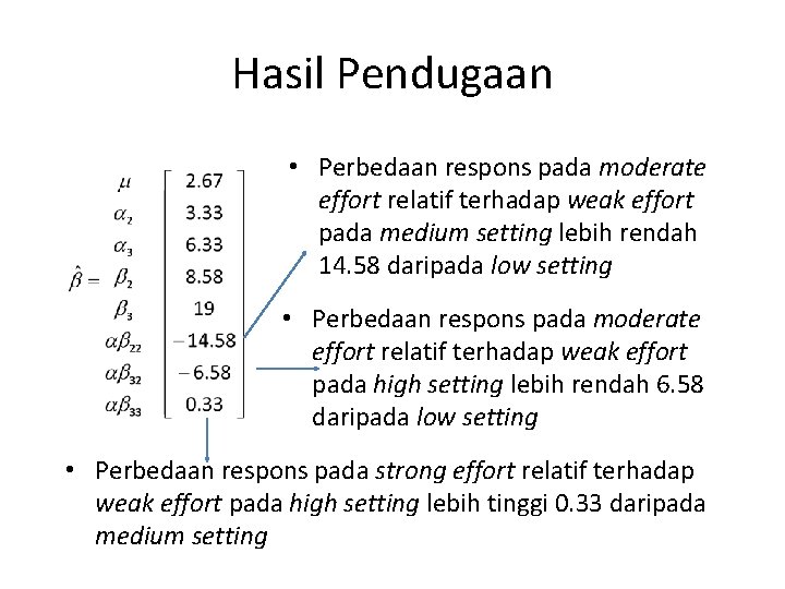 Hasil Pendugaan • Perbedaan respons pada moderate effort relatif terhadap weak effort pada medium