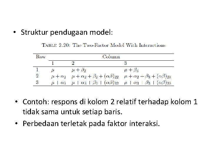  • Struktur pendugaan model: • Contoh: respons di kolom 2 relatif terhadap kolom