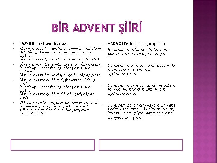 BİR ADVENT ŞİİRİ «ADVENT» av Inger Hagerup Så tenner vi et lys i kveld,