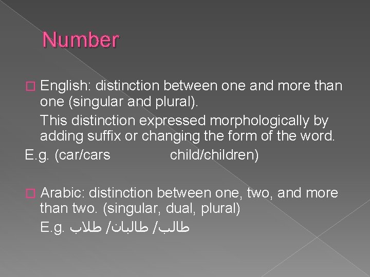 Number English: distinction between one and more than one (singular and plural). This distinction Number English: distinction between one and more than one (singular and plural). This distinction