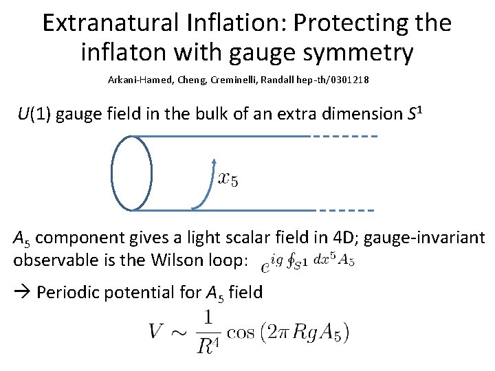 Extranatural Inflation: Protecting the inflaton with gauge symmetry Arkani-Hamed, Cheng, Creminelli, Randall hep-th/0301218 U(1)