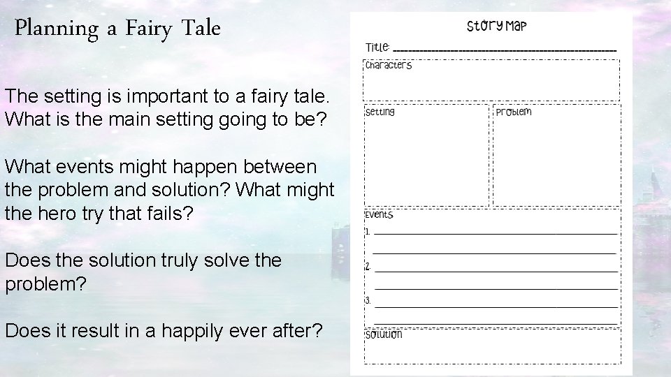 Planning a Fairy Tale The setting is important to a fairy tale. What is