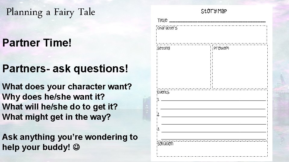 Planning a Fairy Tale Partner Time! Partners- ask questions! What does your character want?