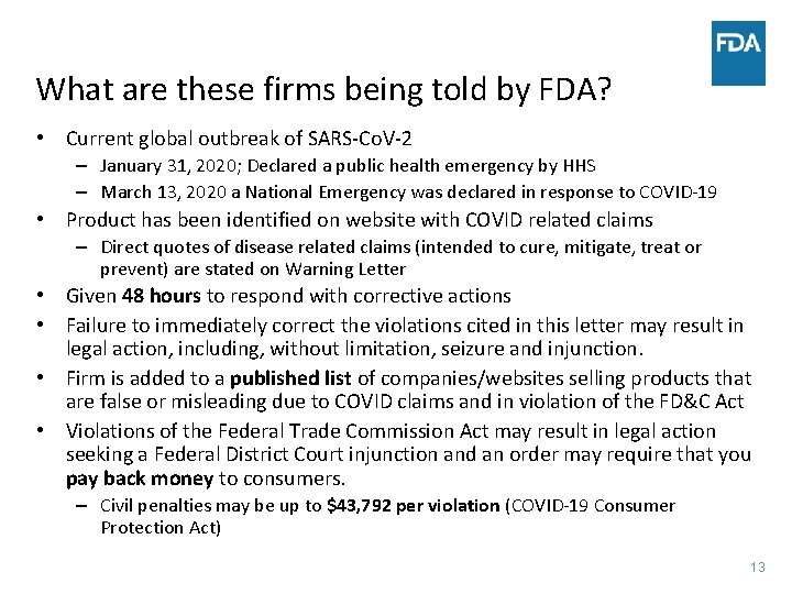 What are these firms being told by FDA? • Current global outbreak of SARS-Co. What are these firms being told by FDA? • Current global outbreak of SARS-Co.