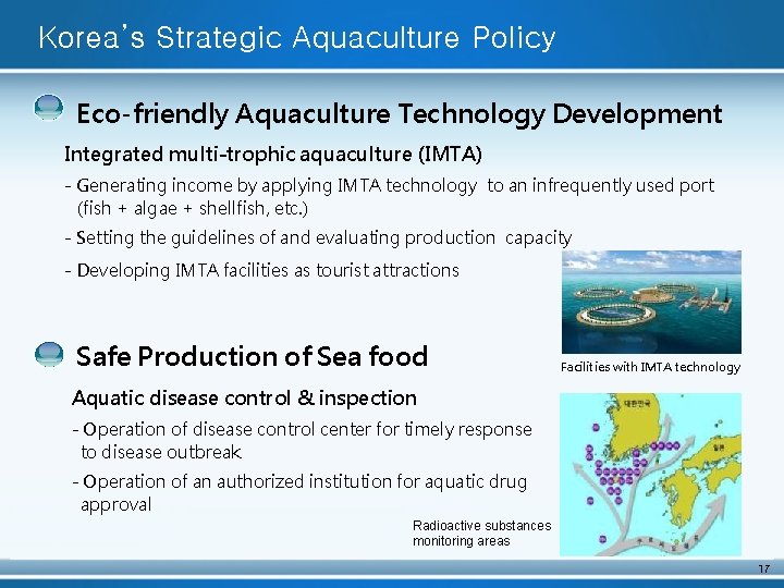 Korea’s Strategic Aquaculture Policy Eco-friendly Aquaculture Technology Development Integrated multi-trophic aquaculture (IMTA) - Generating