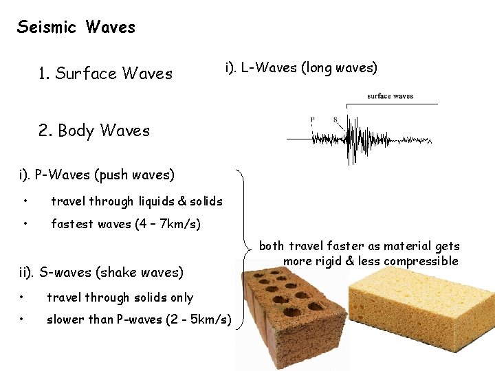 Seismic Waves 1. Surface Waves i). L-Waves (long waves) 2. Body Waves i). P-Waves