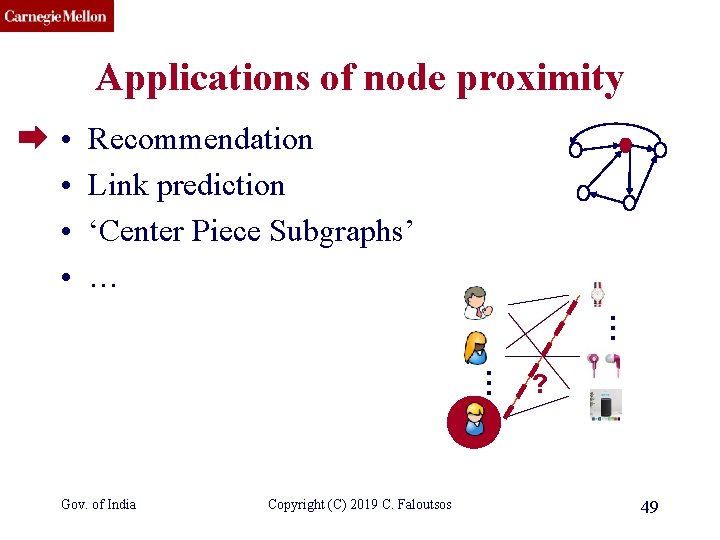 CMU SCS Applications of node proximity • • Recommendation Link prediction ‘Center Piece Subgraphs’