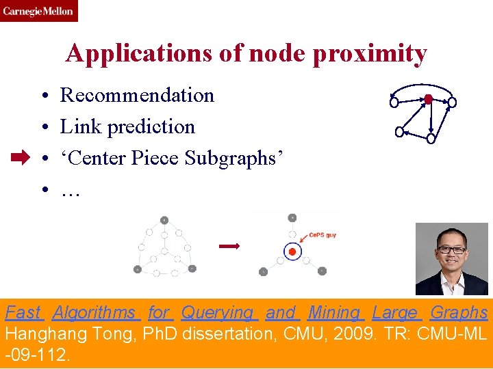 CMU SCS Applications of node proximity • • Recommendation Link prediction ‘Center Piece Subgraphs’