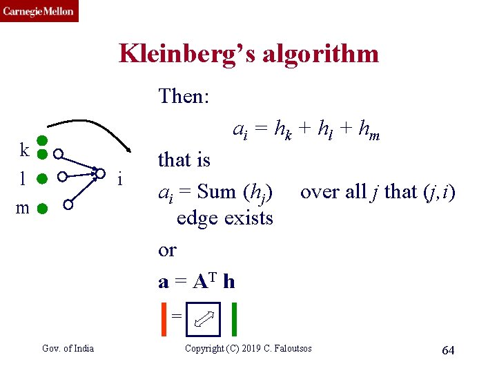 CMU SCS Kleinberg’s algorithm Then: ai = hk + hl + hm k l