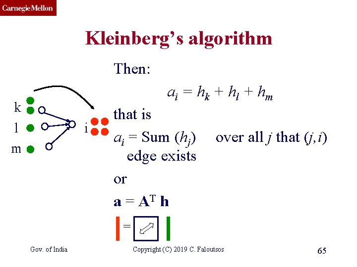 CMU SCS Kleinberg’s algorithm Then: ai = hk + hl + hm k l