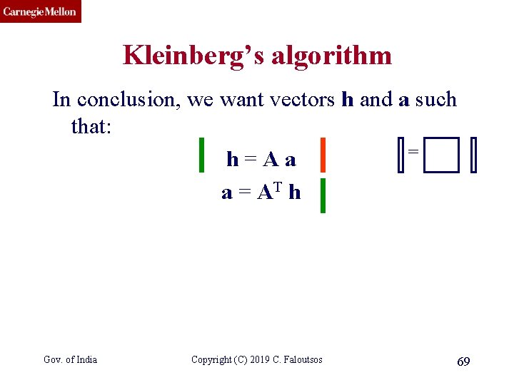 CMU SCS Kleinberg’s algorithm In conclusion, we want vectors h and a such that: