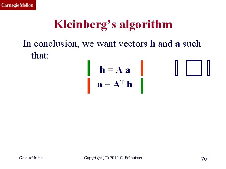 CMU SCS Kleinberg’s algorithm In conclusion, we want vectors h and a such that: