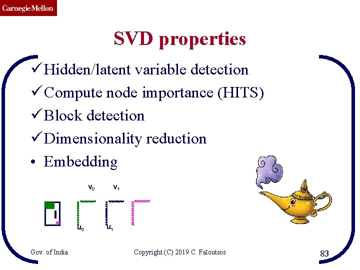 CMU SCS SVD properties ü Hidden/latent variable detection ü Compute node importance (HITS) ü