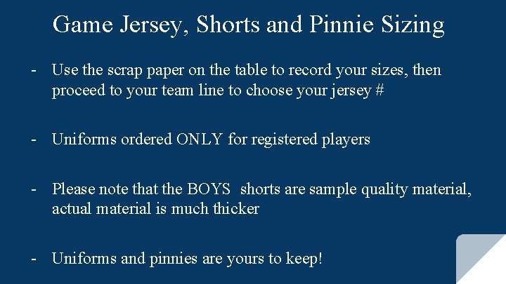 Game Jersey, Shorts and Pinnie Sizing - Use the scrap paper on the table