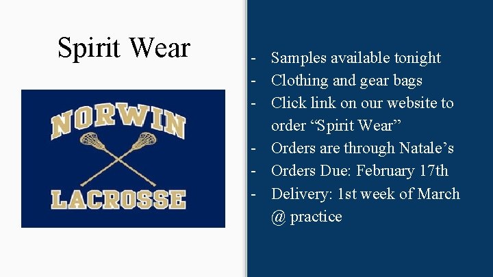 Spirit Wear - Samples available tonight - Clothing and gear bags - Click link