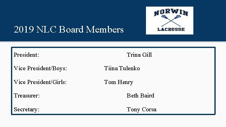 2019 NLC Board Members President: Trina Gill Vice President/Boys: Tiina Tulenko Vice President/Girls: Tom