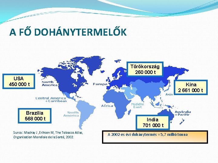 A FŐ DOHÁNYTERMELŐK Törökország 260 000 t USA 450 000 t Brazília 568 000