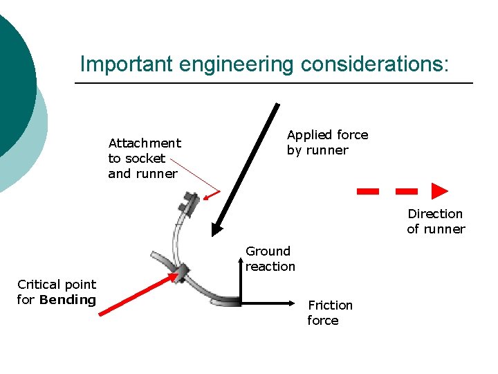 Important engineering considerations: Attachment to socket and runner Applied force by runner Direction of