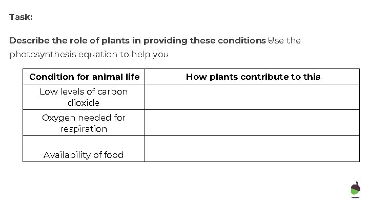 Task: Describe the role of plants in providing these conditions Use the photosynthesis equation