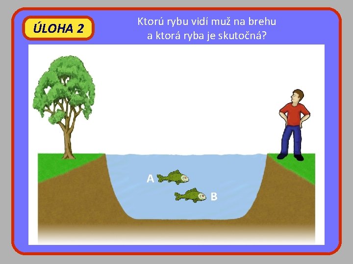 ÚLOHA 2 Ktorú rybu vidí muž na brehu a ktorá ryba je skutočná? A