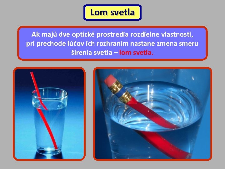 Lom svetla Ak majú dve optické prostredia rozdielne vlastnosti, pri prechode lúčov ich rozhraním