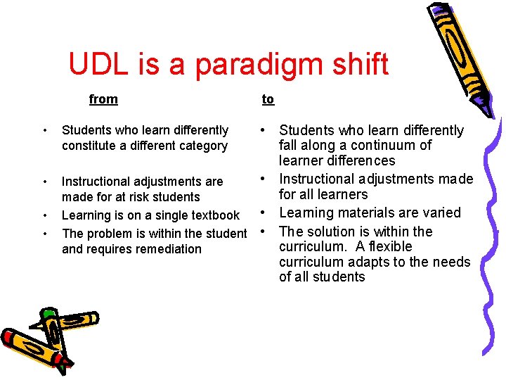 UDL is a paradigm shift from • • to • Students who learn differently