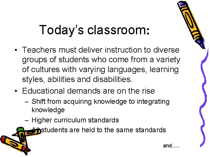 Today’s classroom: • Teachers must deliver instruction to diverse groups of students who come