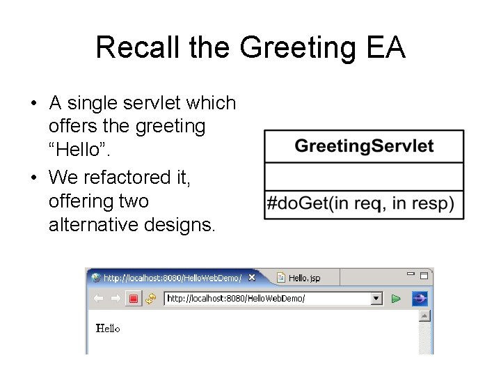 Recall the Greeting EA • A single servlet which offers the greeting “Hello”. •