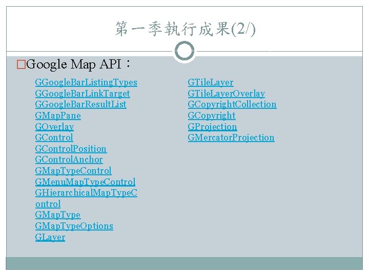 第一季執行成果(2/) �Google Map API： GGoogle. Bar. Listing. Types GGoogle. Bar. Link. Target GGoogle. Bar.