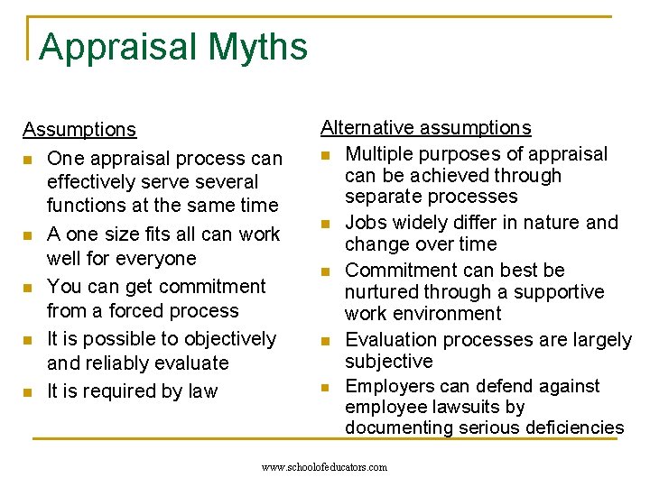 Appraisal Myths Assumptions n One appraisal process can effectively serve several functions at the