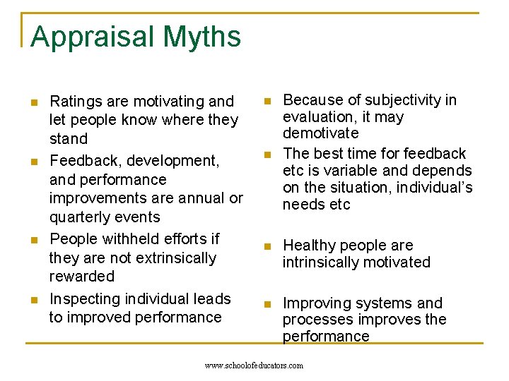 Appraisal Myths n n Ratings are motivating and let people know where they stand