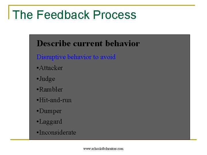 The Feedback Process Describe current behavior Disruptive behavior to avoid • Attacker • Judge