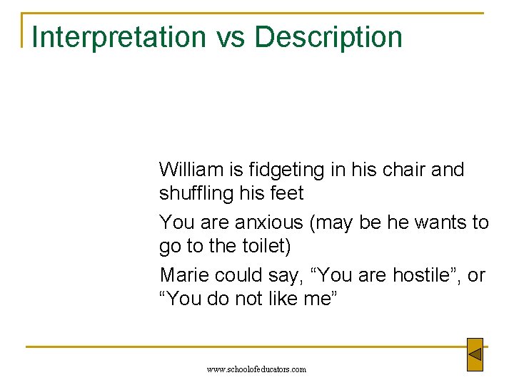 Interpretation vs Description William is fidgeting in his chair and shuffling his feet You