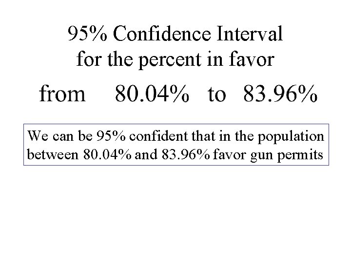 95% Confidence Interval for the percent in favor We can be 95% confident that