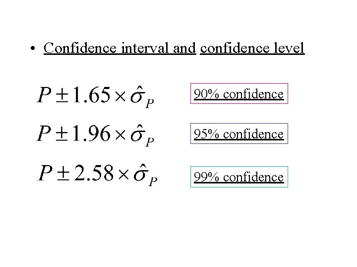  • Confidence interval and confidence level 90% confidence 95% confidence 99% confidence 