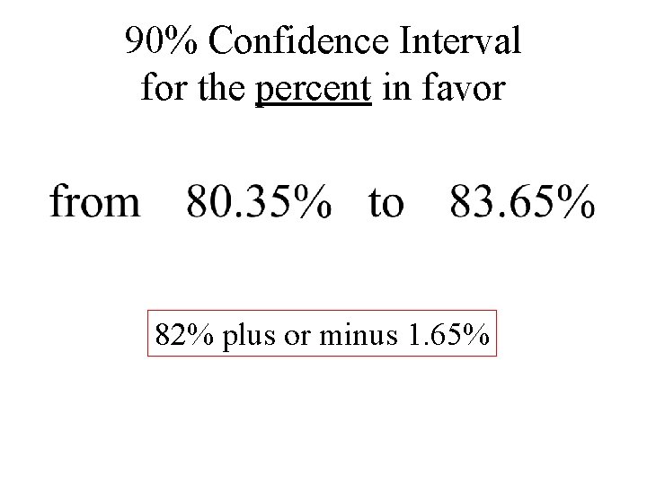 90% Confidence Interval for the percent in favor 82% plus or minus 1. 65%