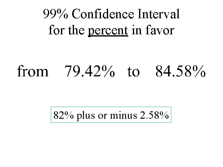 99% Confidence Interval for the percent in favor 82% plus or minus 2. 58%