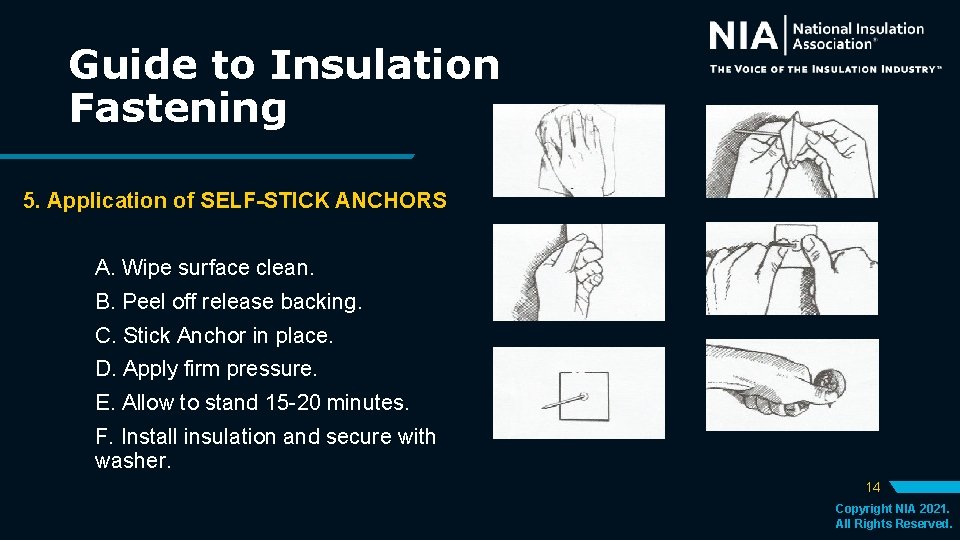 Guide to Insulation Fastening 5. Application of SELF-STICK ANCHORS A. Wipe surface clean. B. Guide to Insulation Fastening 5. Application of SELF-STICK ANCHORS A. Wipe surface clean. B.