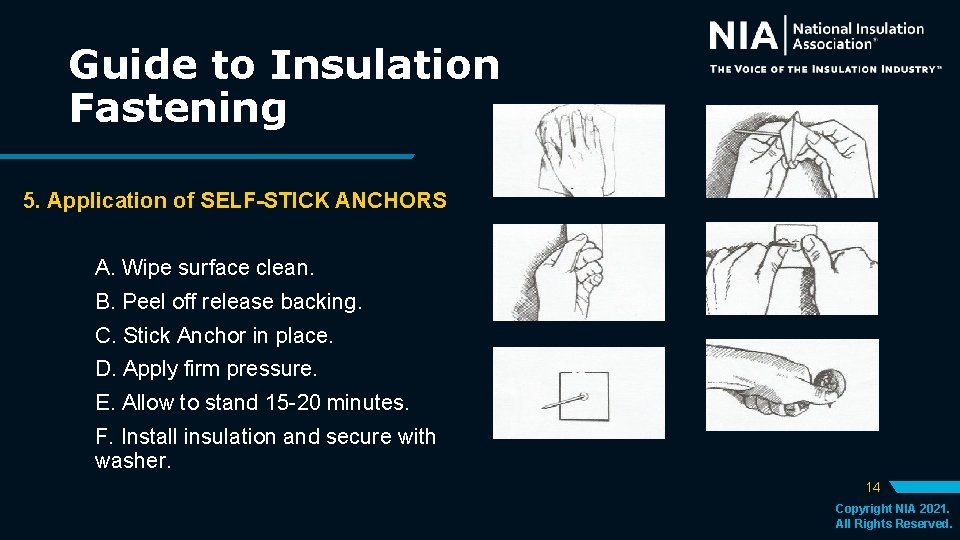 Guide to Insulation Fastening 5. Application of SELF-STICK ANCHORS A. Wipe surface clean. B.