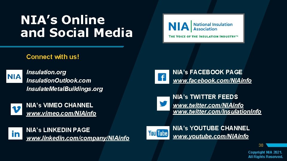 NIA’s Online and Social Media Connect with us! Insulation. org Insulation. Outlook. com Insulate.