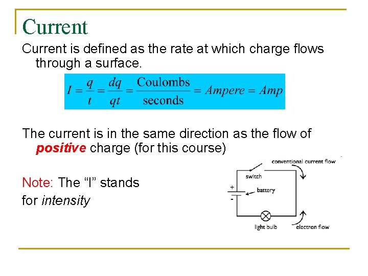Current is defined as the rate at which charge flows through a surface. The
