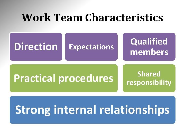 Work Team Characteristics Direction Expectations Practical procedures Qualified members Shared responsibility Strong internal relationships