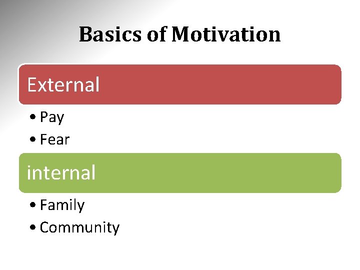 Basics of Motivation External • Pay • Fear internal • Family • Community 