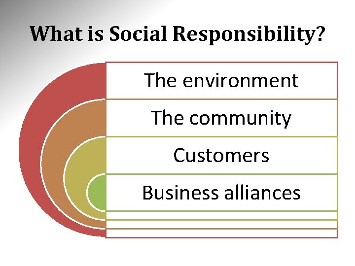 What is Social Responsibility? The environment The community Customers Business alliances 