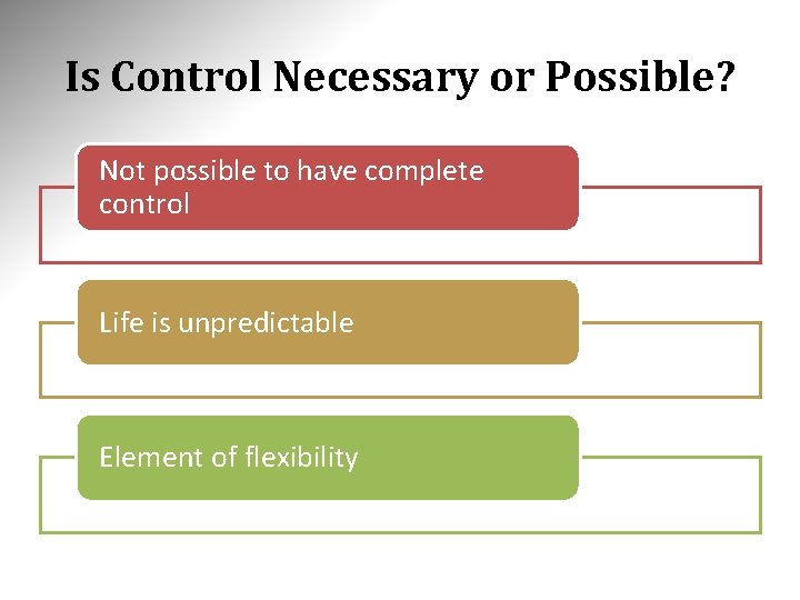 Is Control Necessary or Possible? Not possible to have complete control Life is unpredictable